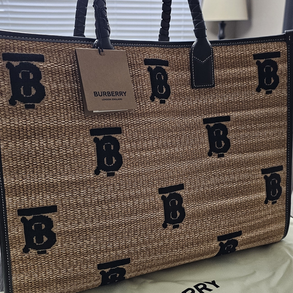 Burberry Freya Tan and Black Raffia Tote Bag